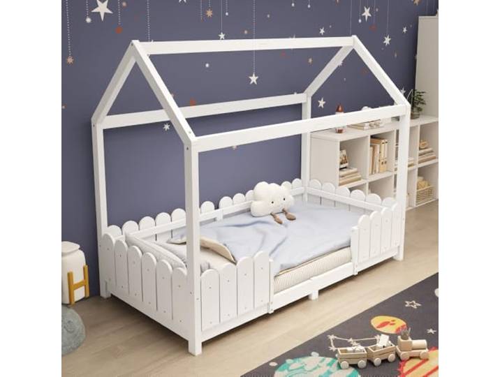 I0I&I0I Hausbett Kinderbett, 90x200 cm, Holz Mit Rausfallschutz und Lattenrost (White + Solid Wood + 90cm*200cm)