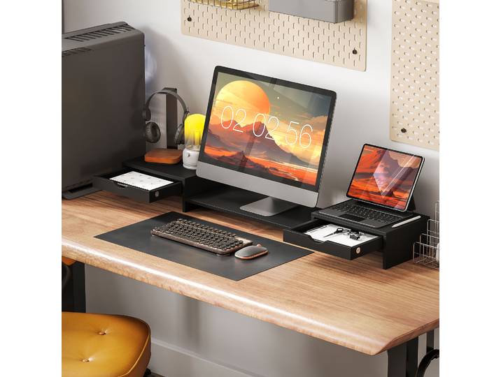 HOMCOM Support Écran PC 60-116cm Réglable avec 2 Tiroirs