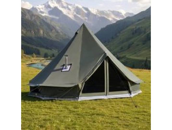 VEVOR Canvas-Glockenzelt, 5 m Jurte, 4 Jahreszeiten, mit Ofenrohrdurchführung, bis zu 7 Personen, mit Abnehmbarem Boden (Reißverschluss), ideal für Familien-Camping & Outdoor-Aktivitäten, Grün