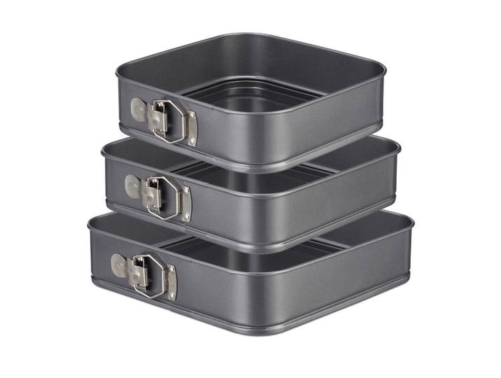 Relaxdays Springform Anthrazit 3er-Set quadratisch Antihaft Carbonstahl 24x24 cm, Metall, 28x7x28 cm, Backen & Backzubehör, Backformen, Springformen