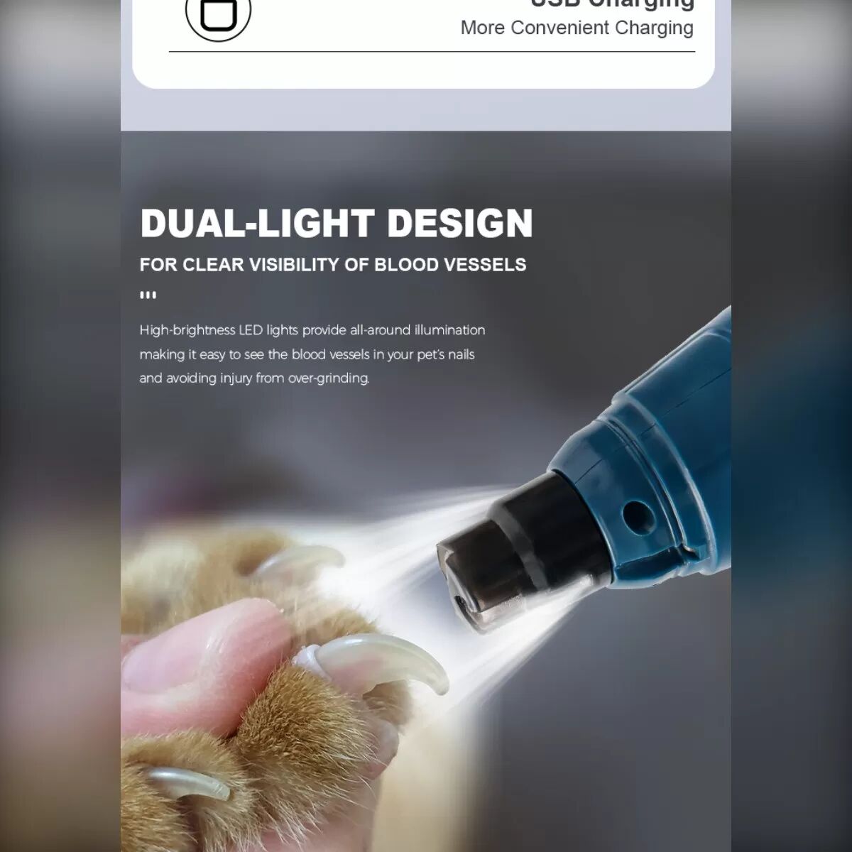 INF Wiederaufladbarer Nagelfeiler für Haustiere – Kabelloses elektrisches Pflegewerkzeug für Hunde und Katzen, USB-C, 18650 Dunkelblau