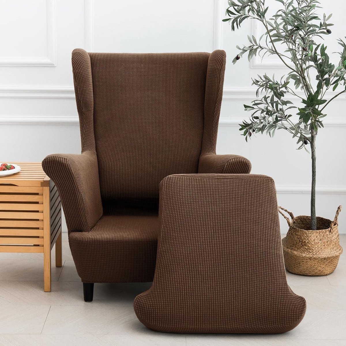 Jacquard elastische stretch stoelhoes voor fauteuil of wing chair - Koffie
