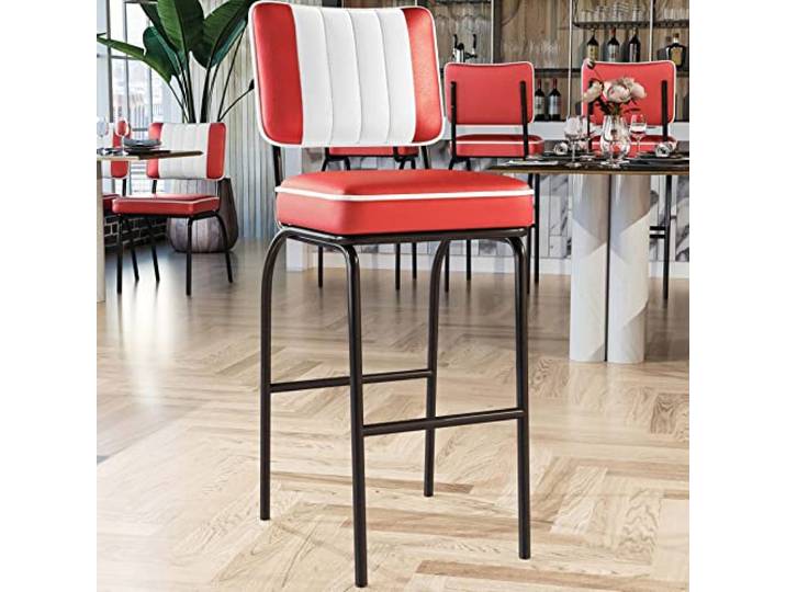 GGMMÖBEL 2-er Set Diner Diner Barhocker Rot Leder Gestell: Schwarz Gestreift Sitzhöhe: 80 cm weißer Keder