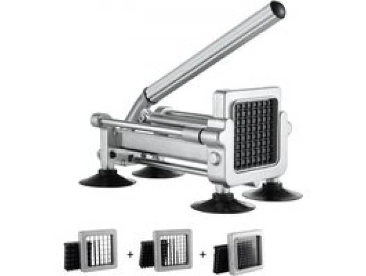 VEVOR Pommes-Frites-Schneider, Kartoffelschneider mit 1/2 & 3/8 & 1/4 Zoll Edelstahlklingen, Kartoffelzerkleinerer mit Saugnäpfen & silberfarbenem Griff, ideal für Kartoffeln Gemüse Gurken Karotten