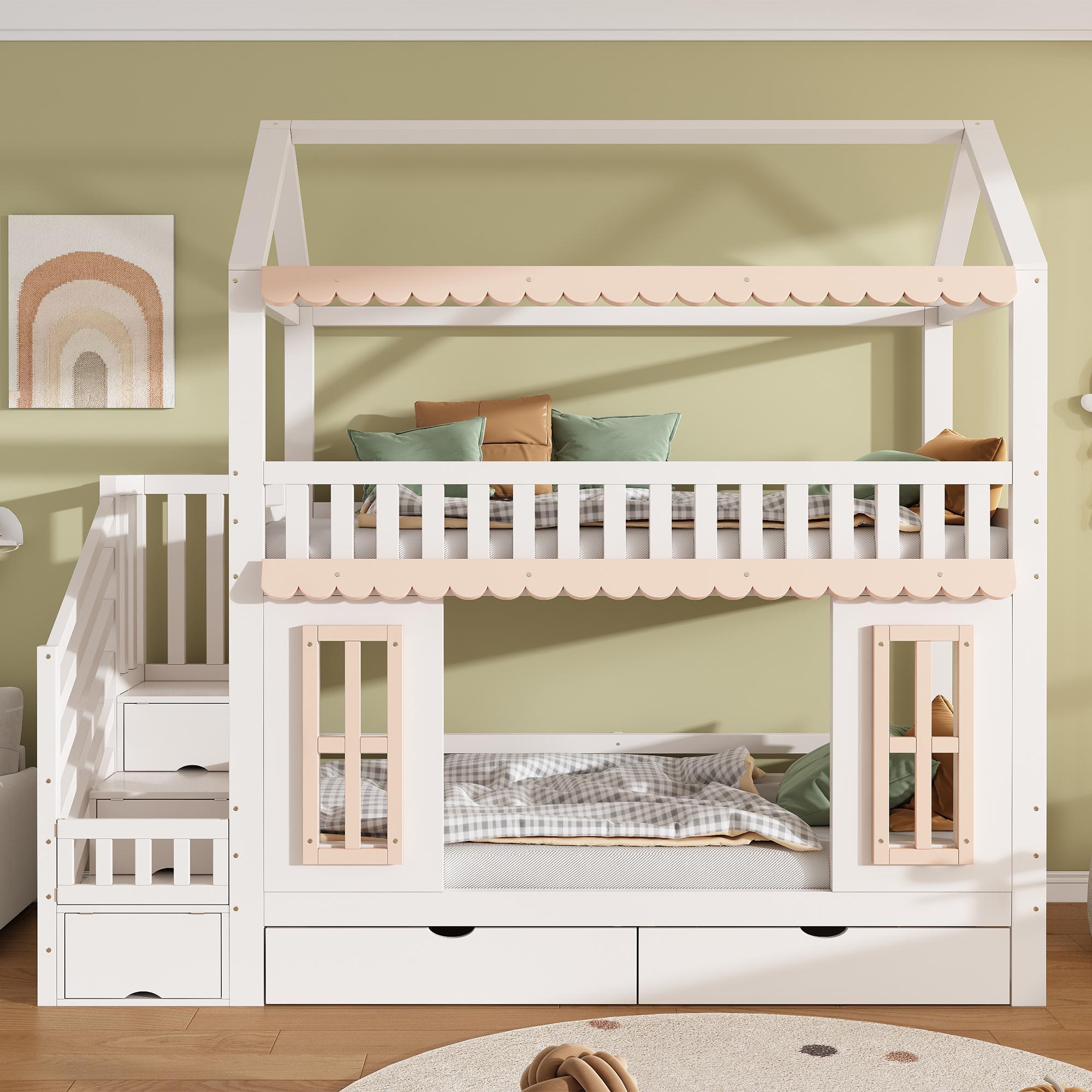 STILVORA Etagenbett 90x200 cm mit Hausform und seitlichem Stauraumschrank, Kinderbett mit Leiter und 2 Schubladen, Hochbett mit Holzfenstern und Zierleisten Weiß und Natur
