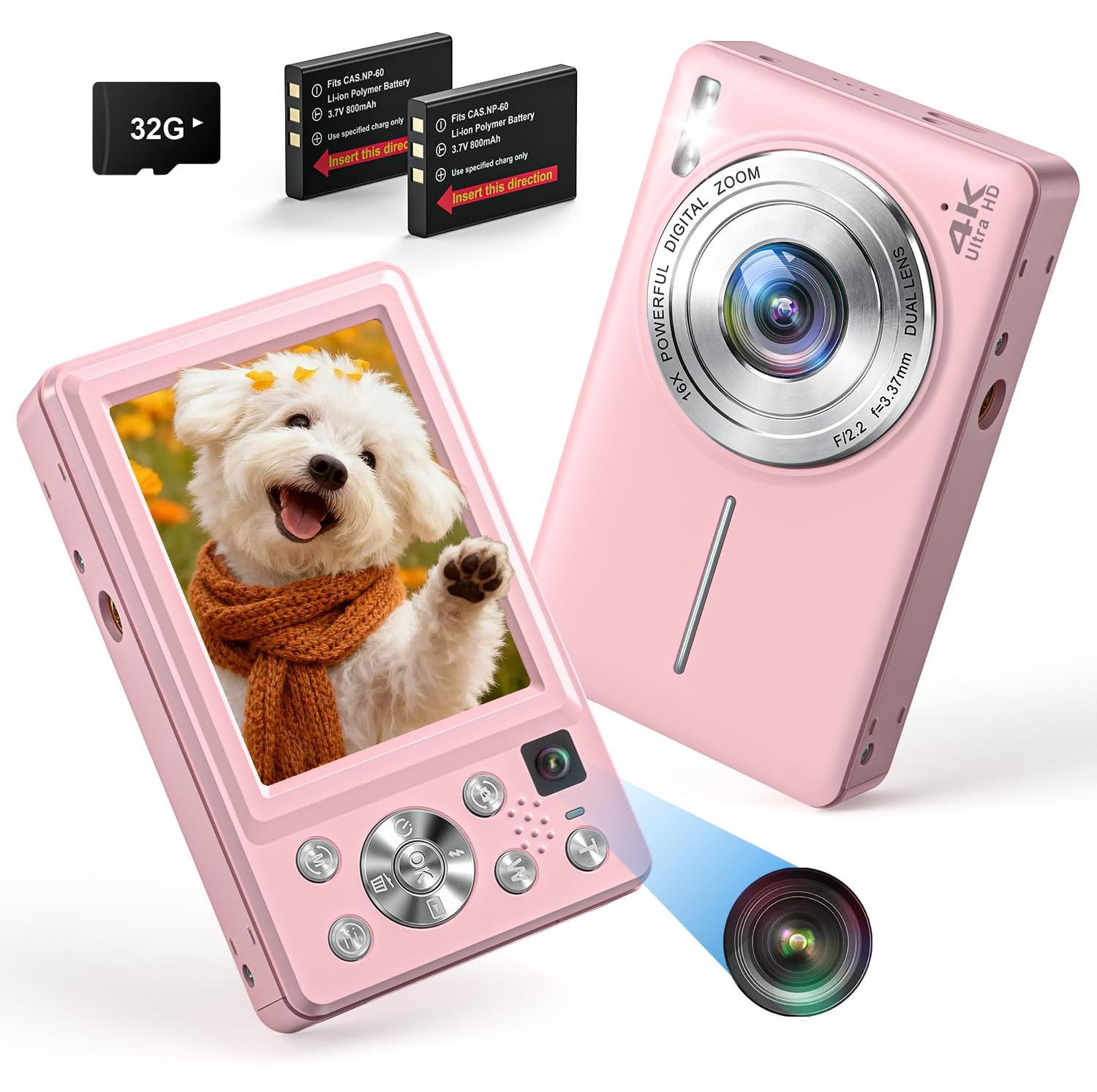 Selius 4K digitale camera met 64MP, autofocus en dubbele camera, inclusief 32GB geheugenkaart