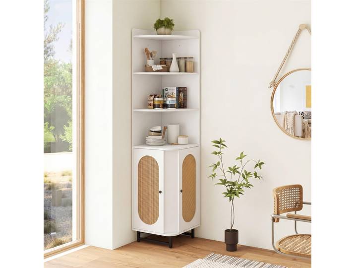 Costway Etagere D’angle\, Bibliotheque Angle Rotin Pe Porte Cannge (blanc)