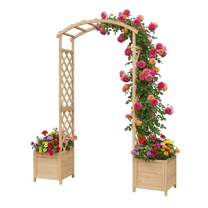 Relaxdays Rozenboog met 2 plantenbakken, beige, H 206 x B 180 x D 40 cm