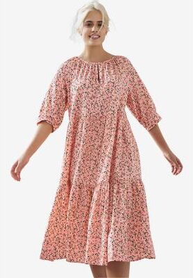 Plus Size Women's 100% Cotton Tiered Below-Elbow Sleeve Midi Dress by ellos in Peach Bud Floral (Size 22/24)
