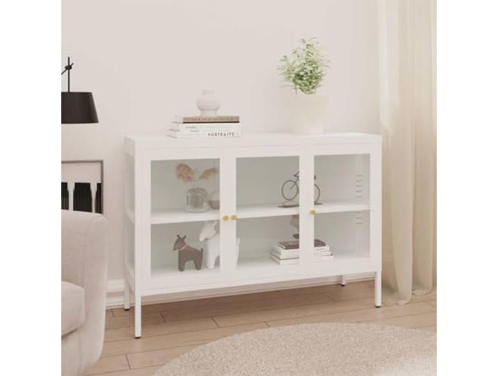 RJPLMFV Anrichte, weiß, 105 x 35 x 70 cm, Stahl und Glas Verstellbares Regal, verstellbare Füße, Glastür, Aufbewahrung für Bücher und Dekoration