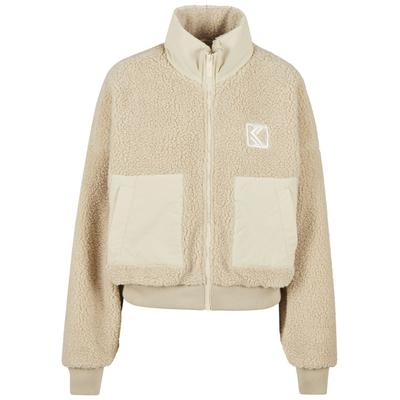 Bomberjacke KARL KANI "Karl Kani OG Crop Teddy Bomber Jacket", Damen, Gr. L, beige (sand), 100% Polyester, mehrfarbig, oversize, hoch geschlossener Ausschnitt, Jacken Bomberjacke