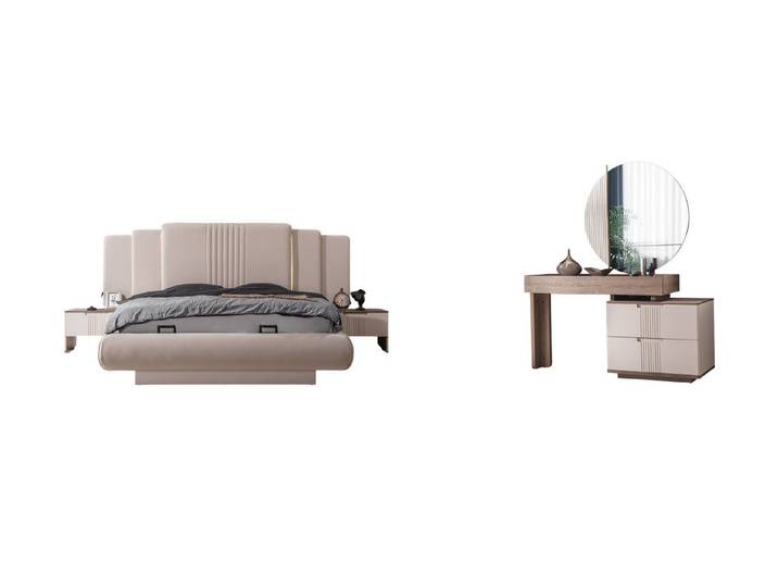Villa Möbel Schlafzimmer-Set Santo, (Schlafzimmer-Set, 4-tlg., Bett mit Kopfteil, 2 Nachttische und Kommode), Schlafzimmer Set Stauraumbett Beleuchtung viel Stauraum