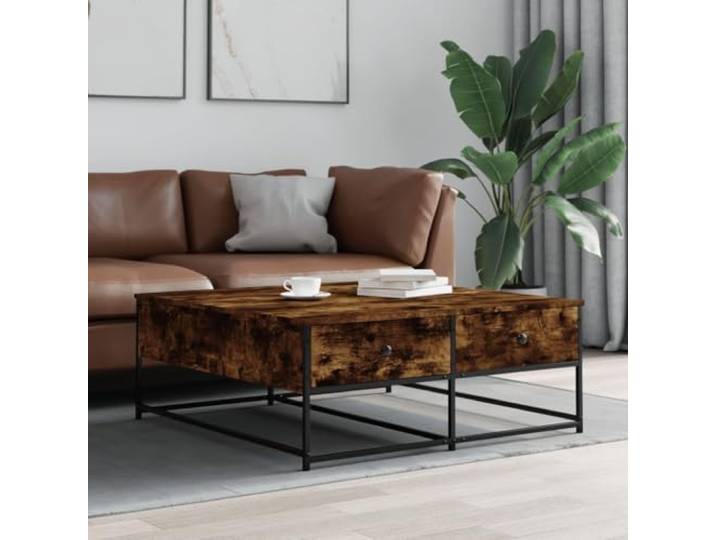 HEFZGDB Couchtisch Räuchereiche 100x99x40 cm Holzwerkstoff mit 2 Schubladen Stauraum und Metallgestell für Stabilität, Robuste Tischplatte für Wohnzimmer, Langlebiges Material
