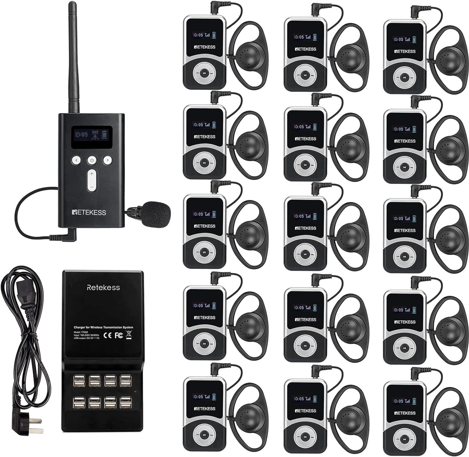 Retekess T130S Upgrade Tour Guide Audio System, Audio Whisper Tour Guide Headest Equipment, 49 Kanäle, mit TT002 16 Slot Ladeleiste, für Reisen Fabrib