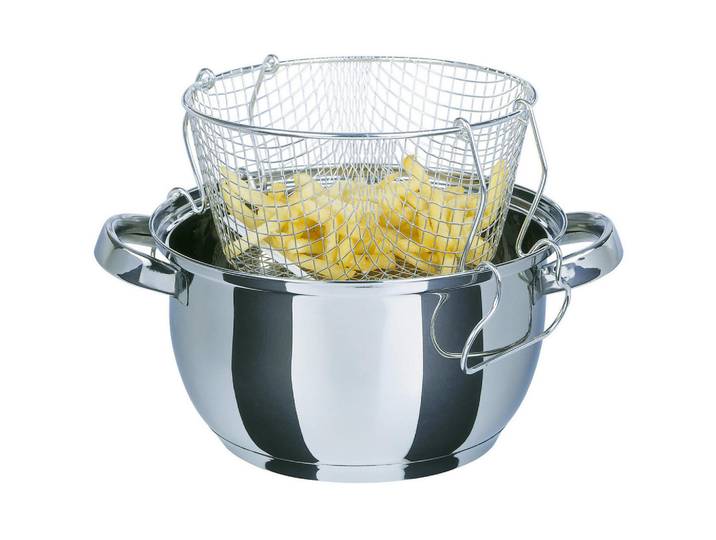 GSW Frittiertopf Pommes, Edelstahlfarben, Metall, 3 l, rund, 11.5 cm, nicht backofengeeignet,hitzebeständige Griffe, rostfrei, besonders hoher Rand, PTFE-frei, Deckel hitzebeständig, Thermoboden, schadstofffrei gemäß EU-Standards, Kochgeschirr, Töpfe, Diverse Spezialtöpfe