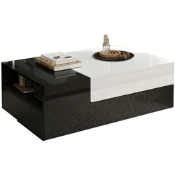 OKWISH Couchtisch 100x50x38 cm schwarz-weiß Hochglanz mit 2 Schubladen, großer Stauraum, rechteckig, modernes Wohnzimmer Möbel, multifunktional