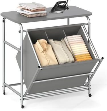 Costway 3-Section Laundry Sorter with Foldable Ironing Board and Lockable Wheels-Gray