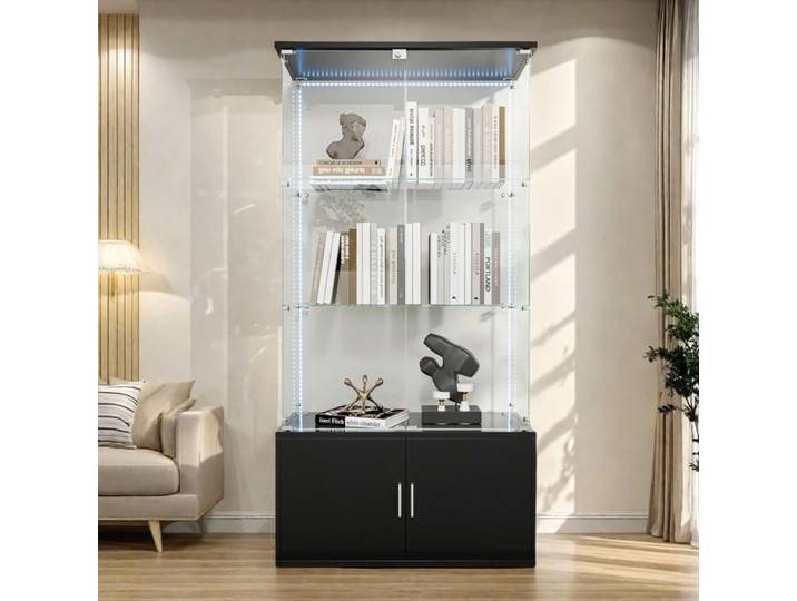 Vitrine en Verre Armoire Vitrine pour Collection 2 Portes à Serrure Étagères Adjustables Vitrine LED 78 51×35×164cm Noir