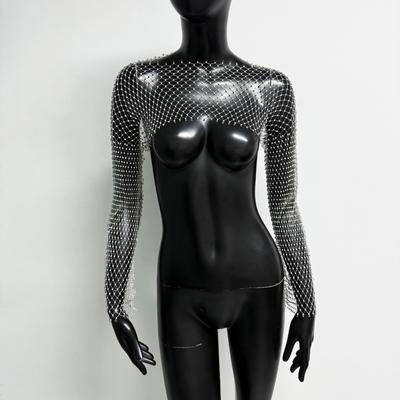 Universal Stock Sparkling Mesh Hoodie Womens Diamond Fishnet Top Long Sleeve Sun Protection Shirts gray