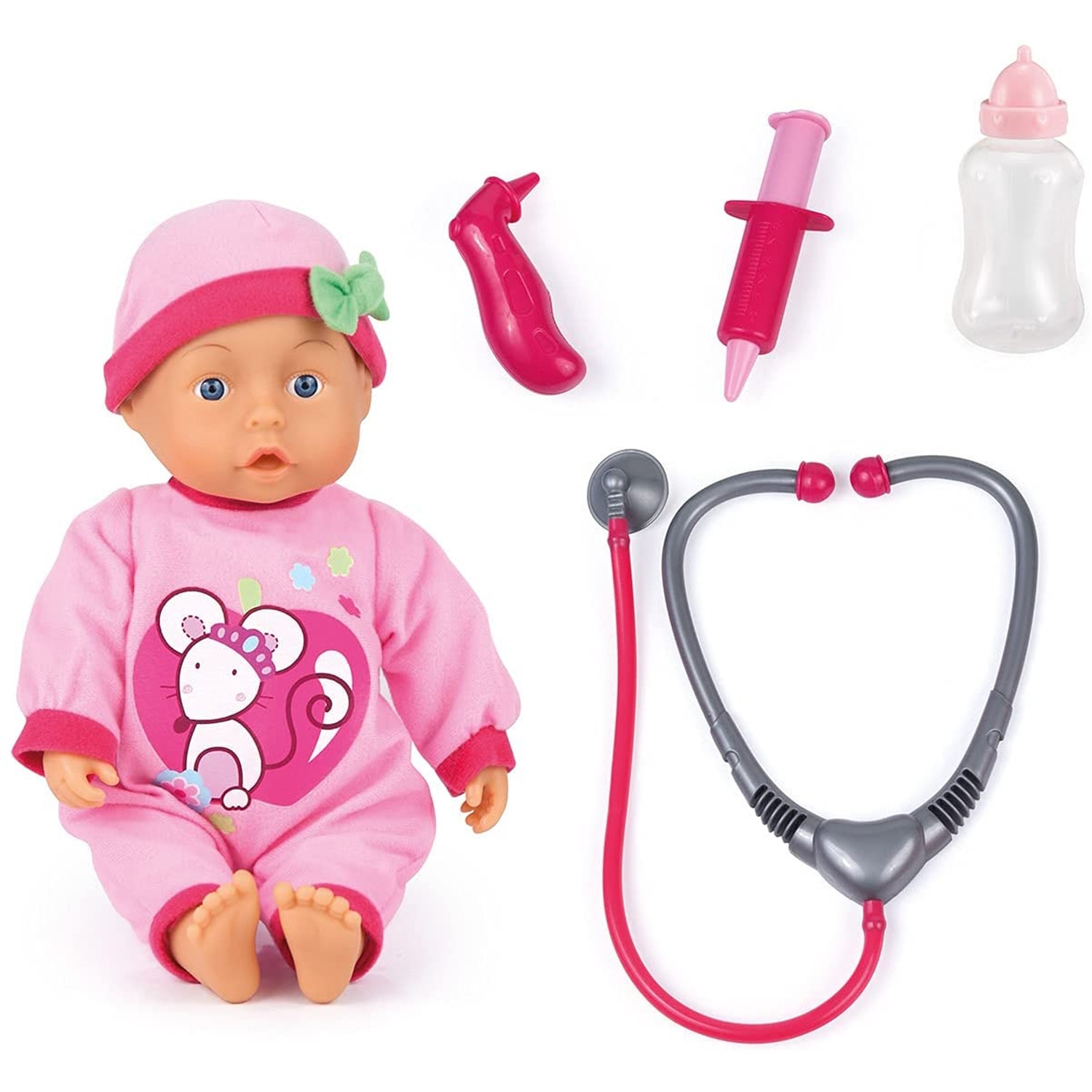 Bayer Design Panenka dokterset met sprekende geluiden en flesje, roze met muisprint, 33 cm
