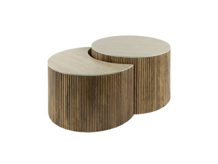Feeling4Home Couchtisch 2er-Set Couchtisch Tratin - Mangoholz massiv Braun, Halbrund (2er-Set), Wellenoptik und Halbmond in Travertin-Optik