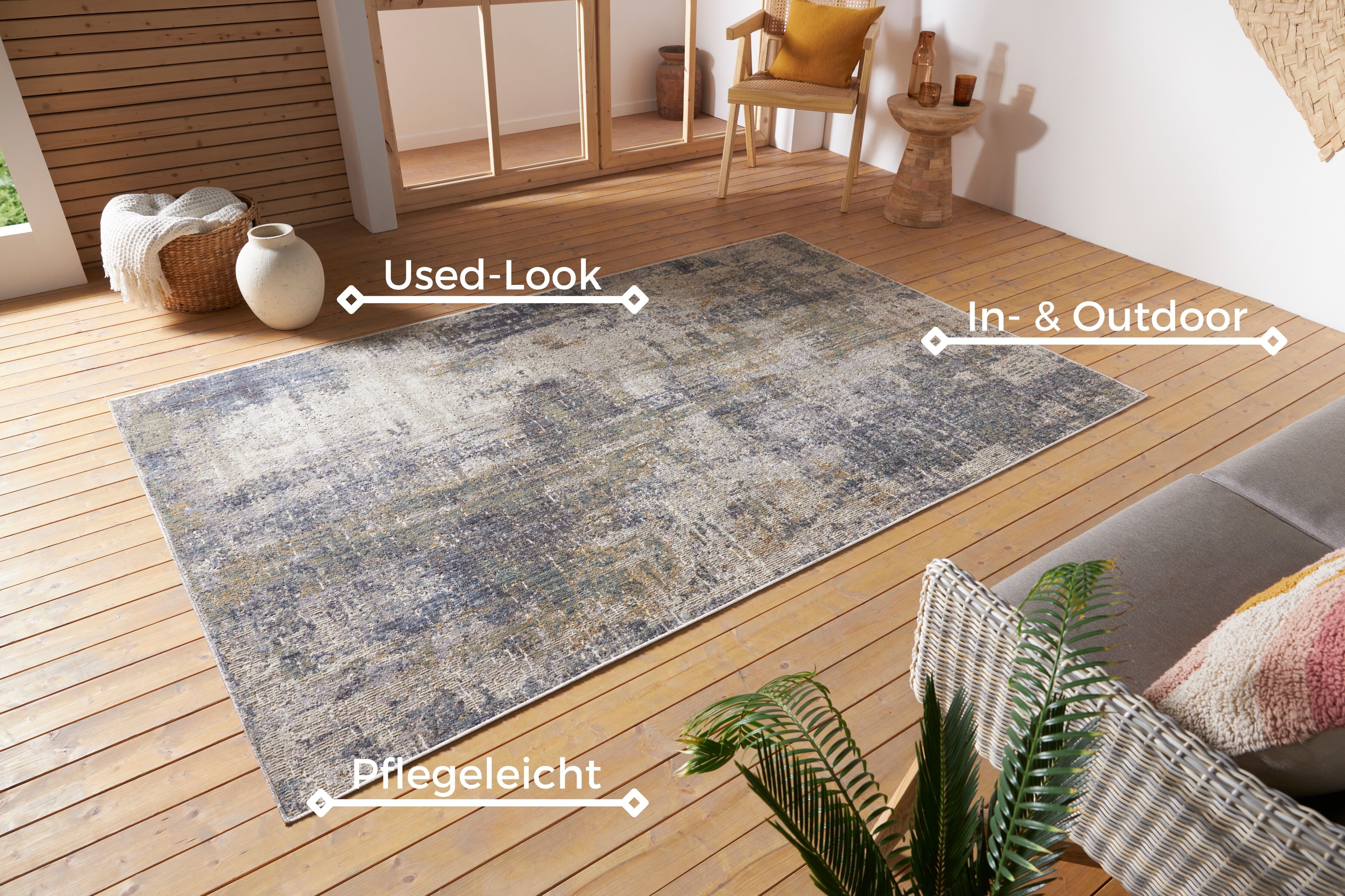 HANSE Home "Gizeh" rechteckig 3 mm Höhe In-& Outdoor, Läufer, Wetterfest, Balkon, Wohnzimmer, Orient creme,blau B : 75cm 1 Stk., 3mm, L: 120cm