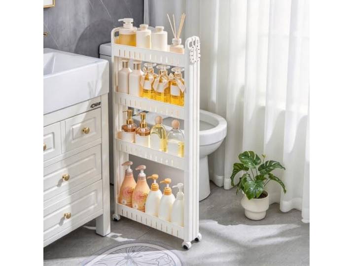 Schmaler Rollwagen Mit 3 Ebenen, Mobiler Nischenregal Organizer, 10cm Breit Platzsparendes Design, 10cm Schmale Nische, Robuste Kunststoffkonstruktion, Flexibel(4Tiers-45*10*96CM)