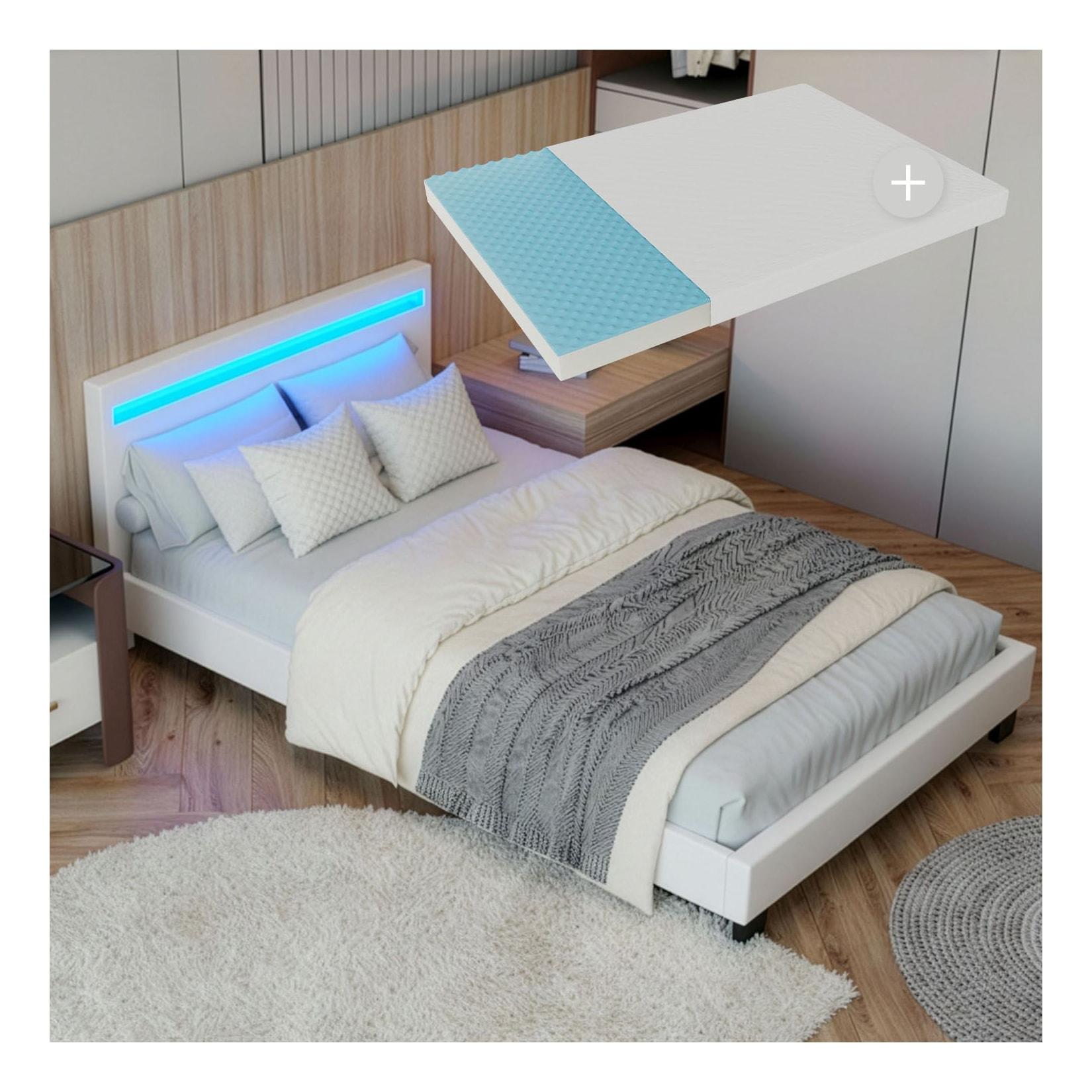 Juskys Polsterbett Paris 90x200 cm weiß mit Matratze – Einzelbett + LED-Beleuchtung & Lattenrost