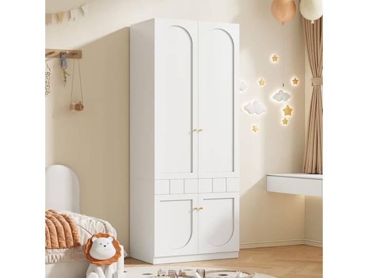 BTM Kinderkleiderschrank 2 Türig Klein Kleiderschrank 80cm breit mit Schubladen und Stange Schlafzimmerschrank Weiß
