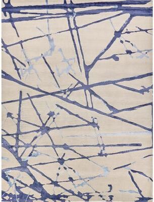 EXQUISITE RUGS Space Age Hand-knotted Wool/Bamboo Silk Grey/Royal Blue/Navy Area Rug.