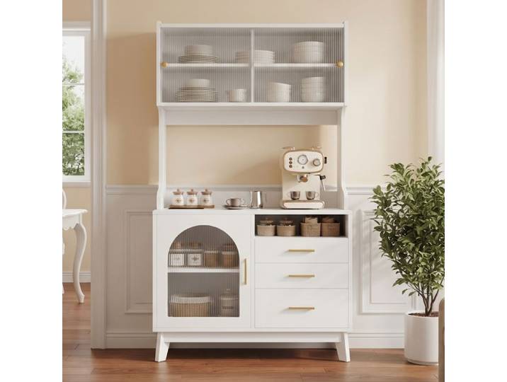 Armoire Cuisine 178cm-Buffet Vaisselier Haut avec Portes Vitrées-Meuble Cuisine avec plans de travail-Étagère réglable-blanc