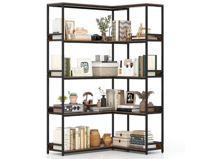 GIANTEX Bibliothèque d'Angle à 5 Niveaux- Style Industriel- Étagère en L- 10 Compartiments Ouverts- Cadre en Métal- 110x89x180cm