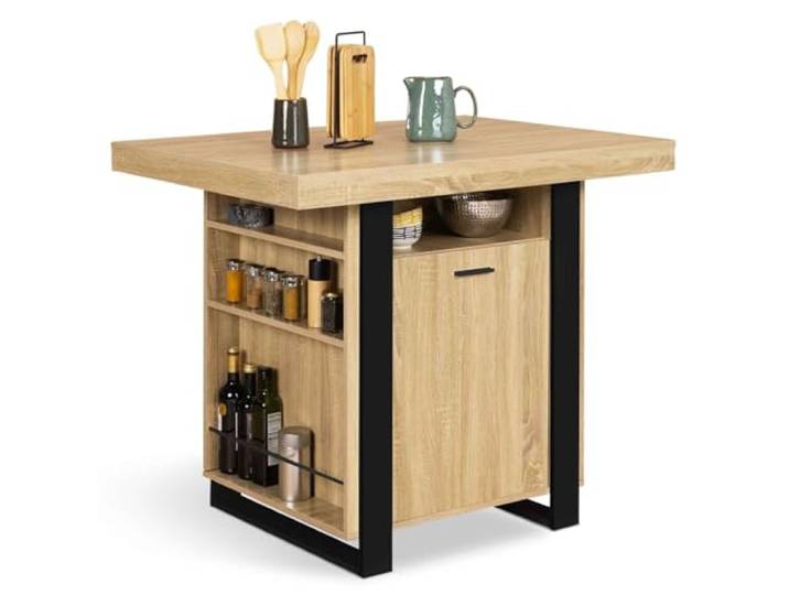 IDMarket - Ilot central PHOENIX 110 cm bois et noir avec rangements