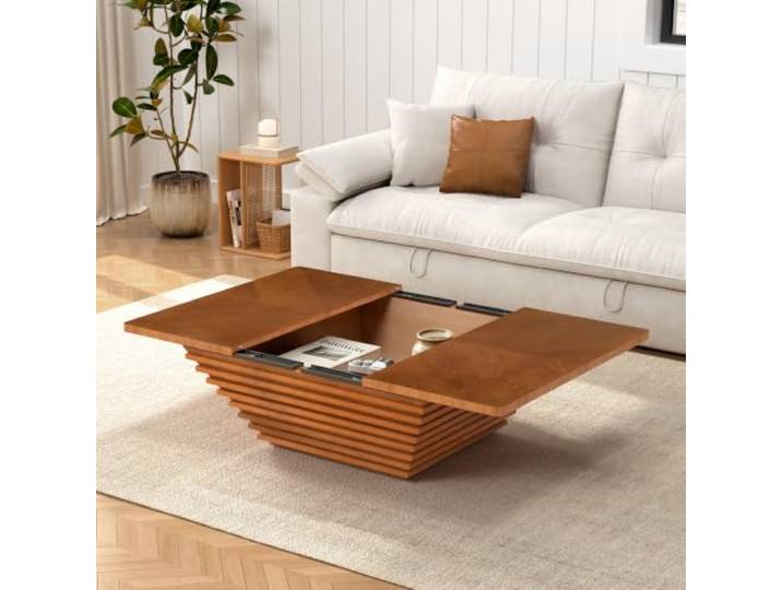 FeiZhiYanS Quadratischer, ausziehbarer Couchtisch mit Stauraum Schiebetischplatte, geriffeltes Holzdesign, verstecktes Fach, Mid-Century-Modern-Couchtisch für Wohnzimmer/Wohnung