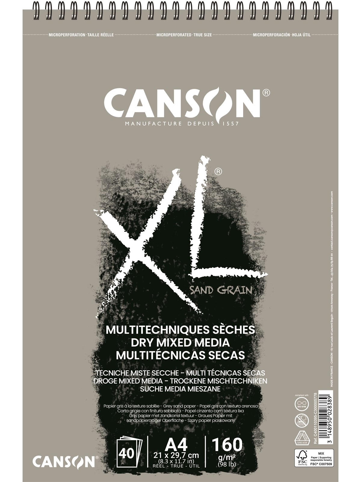 Canson XL Sand Grain A4 160G Grey Spiral 40 SH