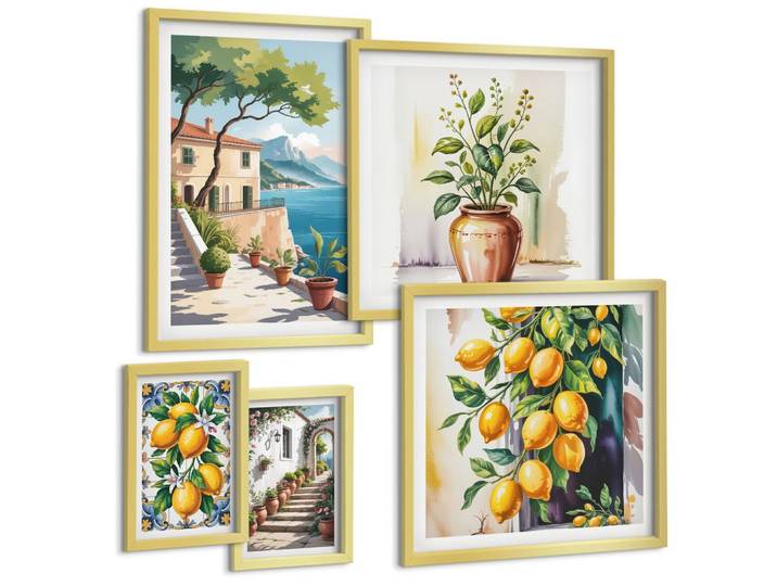 BILDER SET 5er Set - 50x50 cm & 20x30 cm & 40x60 cm Goldrahmen - Zitrusbaum im Fenster am Meer
