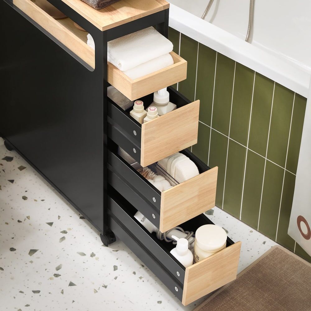 SoBuy Meuble de rangement étroit sur roulettes 1 plateau et 3 tiroirs noir Noir 65x82x24cm