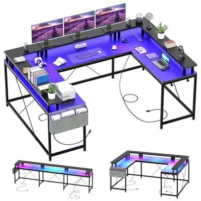 Cathe U Shaped Desk, 126 Inch Gaming Desk with Monitor Stand and LED Lights