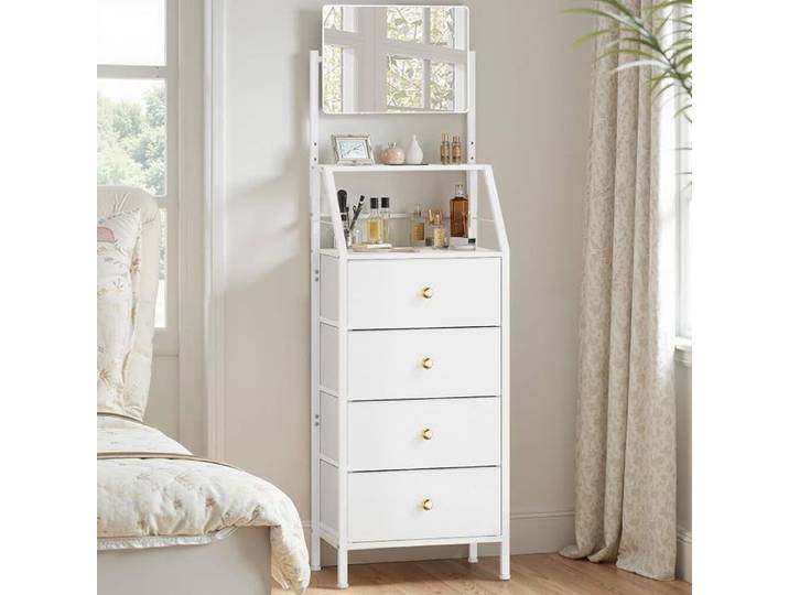Commode Chambre 4 Tiroirs Tissu Commode Haut avec Miroir Blanc Meuble de Rangement Tissu Miroir Réglable 39x28x148cm Chiffonier