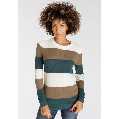 Strickpullover H.I.S, Damen, Gr. 44/46, beige (beige, gestreift), Strick, Obermaterial: 50% Baumwolle, 50% Polyacryl, gestreift, gerade hüftbedeckend, Rundhals, Pullover Strickpullover, in Streifenoptik mit Rundhalsausschnitt