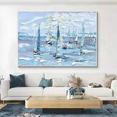 Abstraktes Segelboot-Ölgemälde auf Leinwand, großes Original-Wandbild in Orange, gerahmt, strukturiertes Segelboot-Acrylgemälde, moderne Wanddekoration