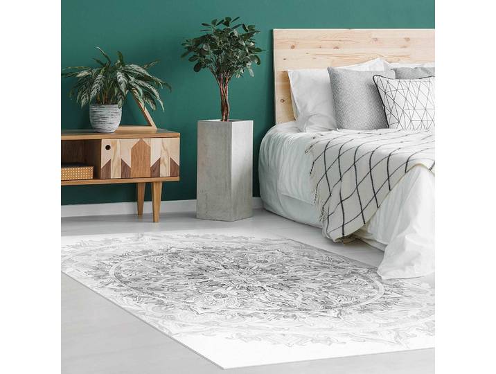 Tapis en vinyle Mandala en aquarelle 180 x 120cm Blanc/Noir