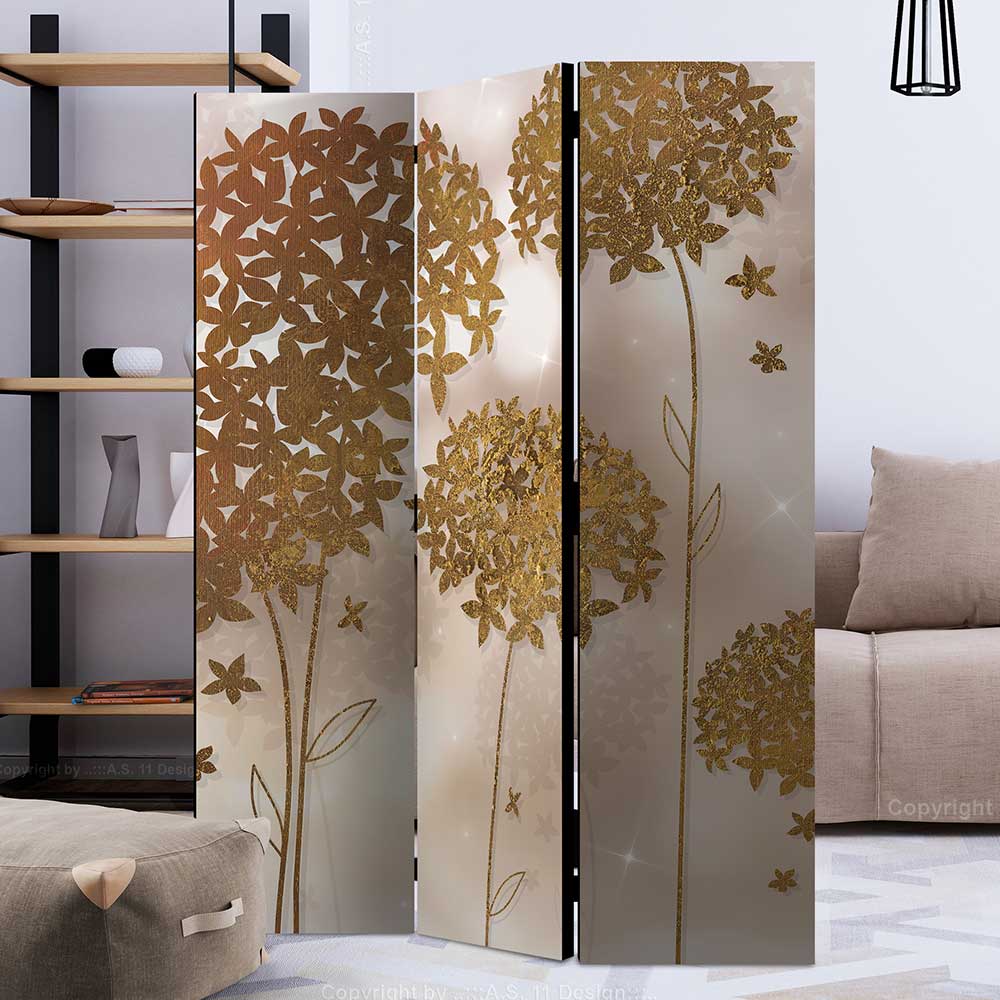Pharao24.de Paravent mit Blumen Motiv Goldfarben Landhausstil