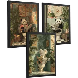 POSTER 3er-Set lustige Badezimmer-Drucke, Panda- und Koala-Tiermotive für Toilette, witziges für Toilette, Vintage-Botanik-Stil Schwarzer Rahmen A3