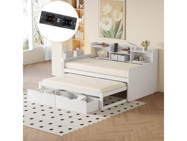 Mrwoo Kinderbett Schlafsofa 90×200 cm, Ausziehbett 90×190 cm mit 2 Schubladen, offene Ablagefächer und Lattenrost, Holzeinzelbett, weiß (Ohne Matratze)