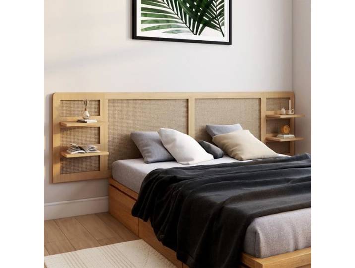 IDMARKET Tête de lit suspendue EDHEN 240 cm cannage et bois avec étagères