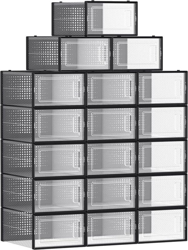JOYFURNOS Schoenenopbergdozen Set van 18, Plastic, Opvouwbaar en Stapelbaar, Zwart/Transparant, B: 31,2 cm, D: 22,5 cm, H: 13,5 cm