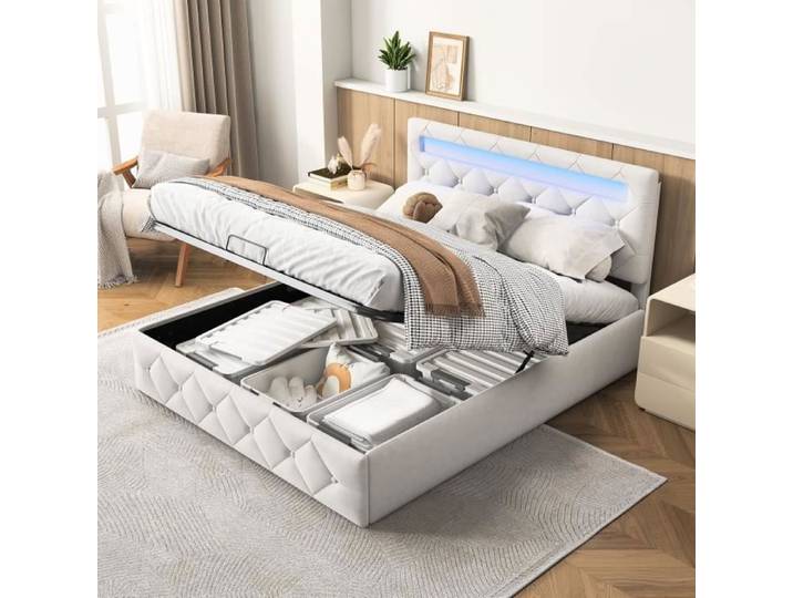 Lit coffre adulte rembourré 140x200cm - Gris - Bois - Panneaux de particules - Contemporain - Design