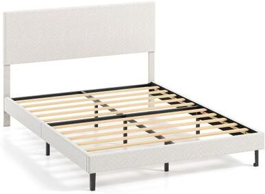 Costway Queen Size Velvet Bed Frame Upholstered Platform Bed with Chevron Headboard Beige