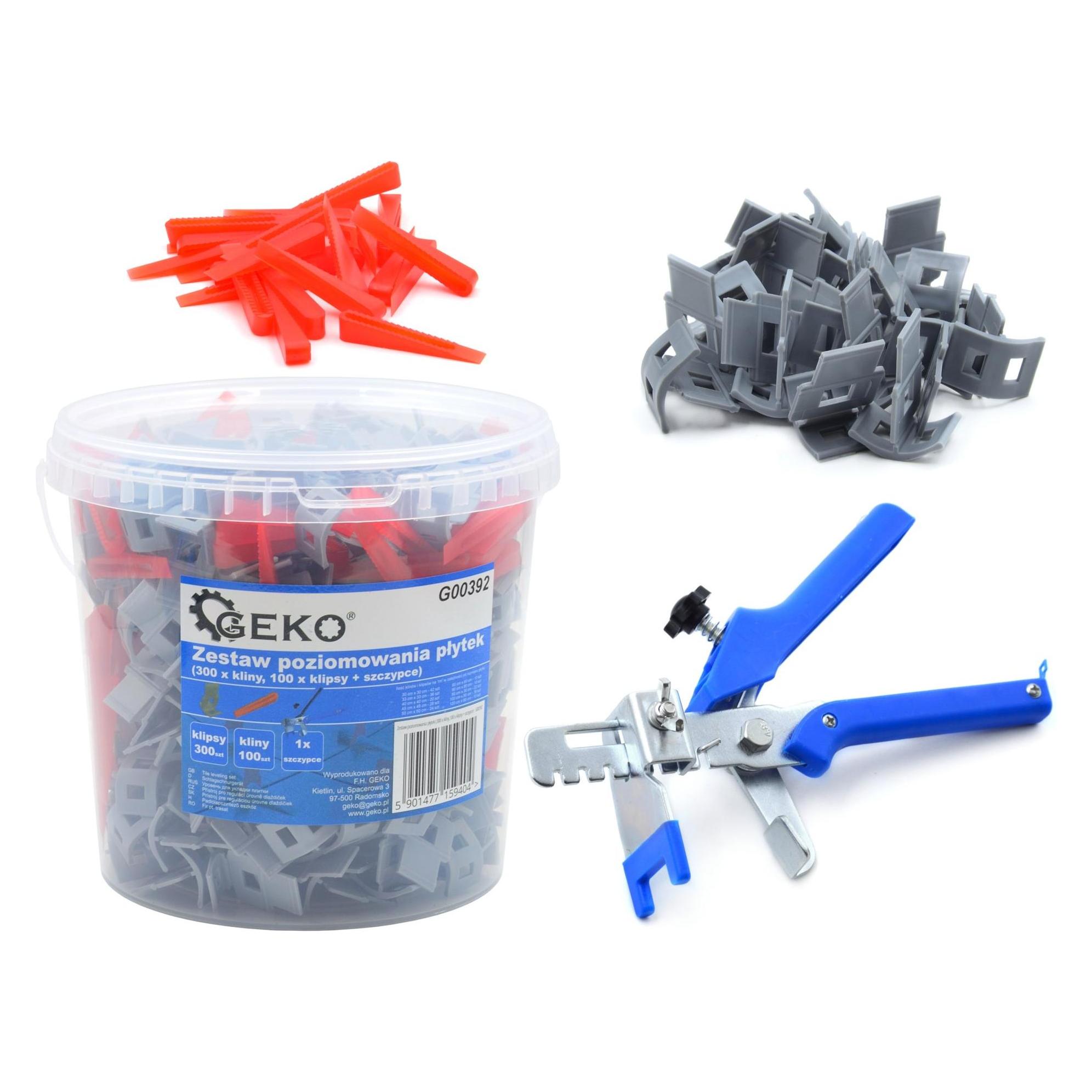 GEKO Werkzeugset zum Nivellieren von Fliesen (300x Clips | 100x Keile | 1x Zange) (Verlegeset) (5901477159404)